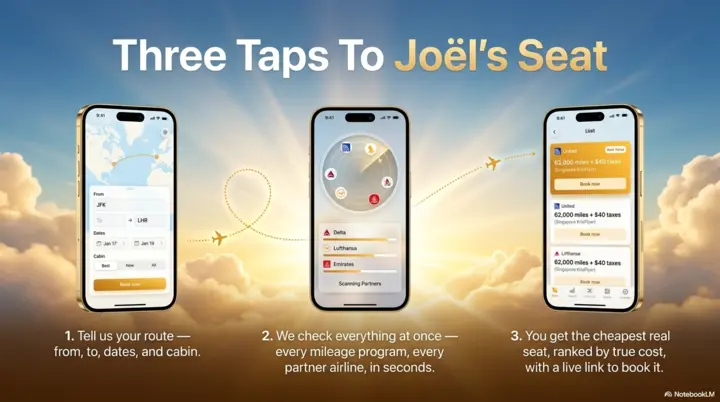 Three illustrated phone screens showing route entry, partner comparison, and the cheapest booking result
